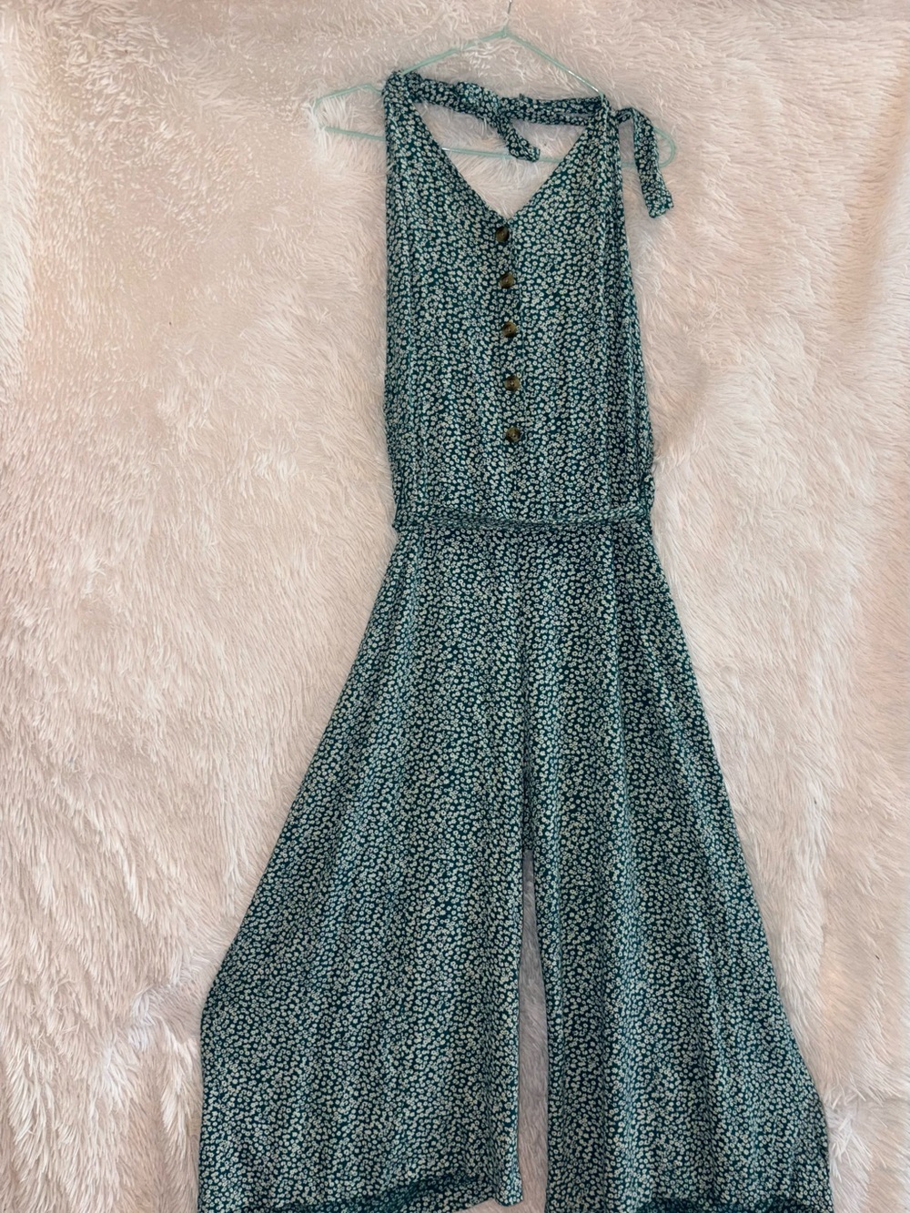 American Eagle Green Floral Halter Jumpsuit Wide Leg Button Front Size XL